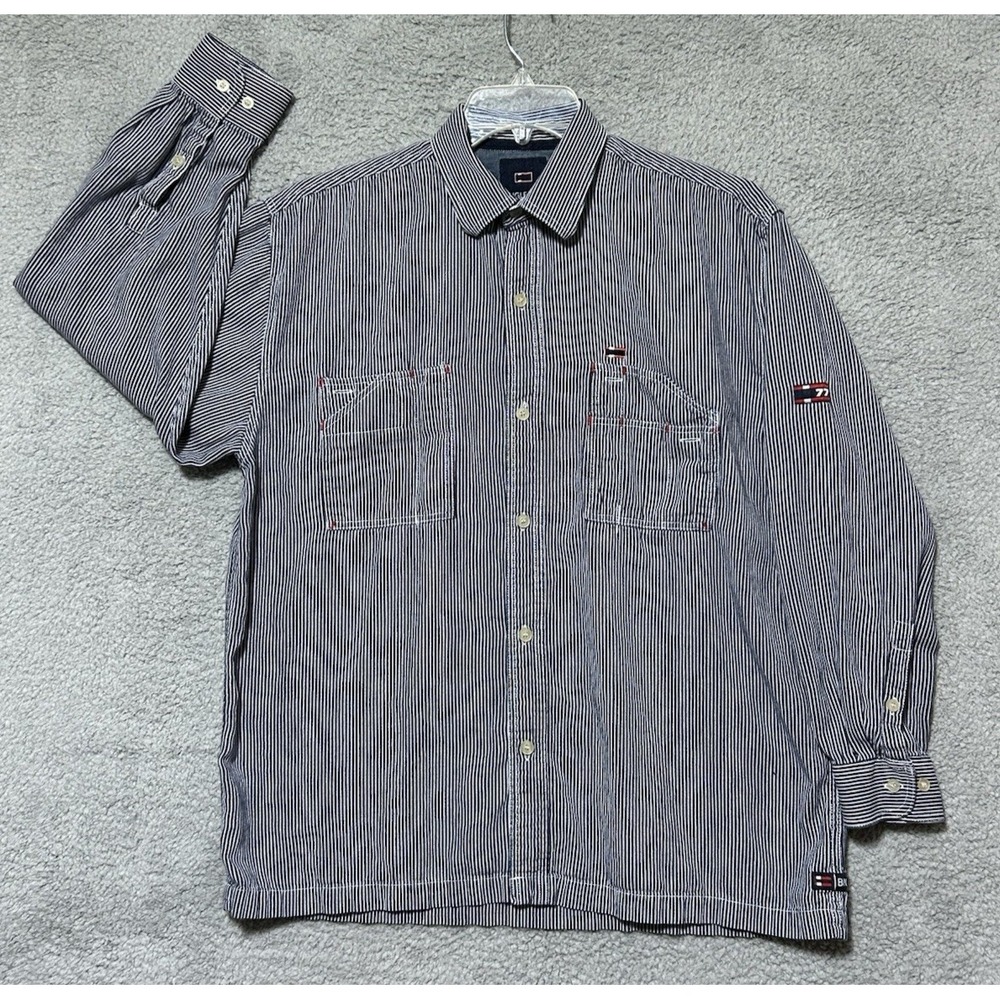 Vintage Railroad Shirt Bugle Boy Size L/XL 90s Blue Pin Stripe Pocket Stack Rare